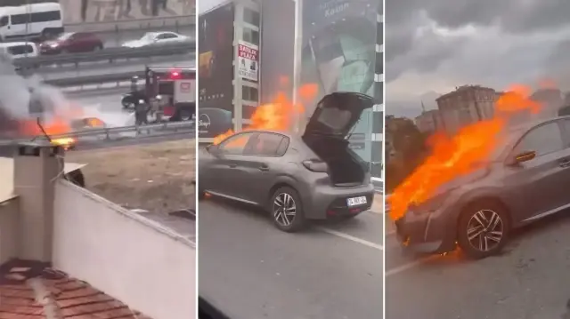 uskudarda korku dolu anlar seyir halindeki otomobil alev alev yandi Ykkl1Z9c